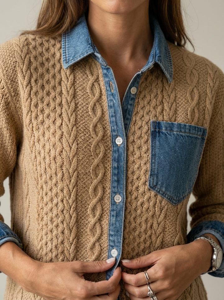 Rebecca | Cable-Pattern Top with Denim Details