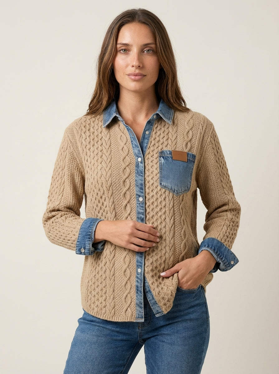 Rebecca | Cable-Pattern Top with Denim Details