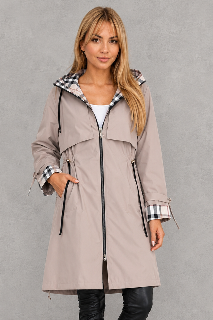 Mabel | Waterproof Hooded Jacket with Check Details